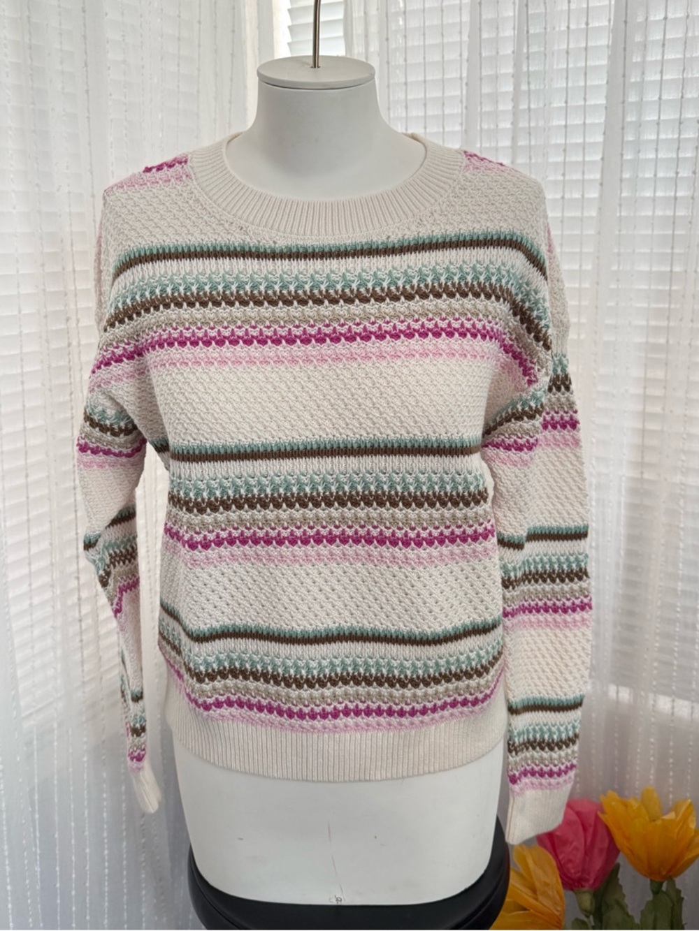 NWT LOFT Cream Crewneck Sweater with Pink, Mint and Brown Stripes Size XS
